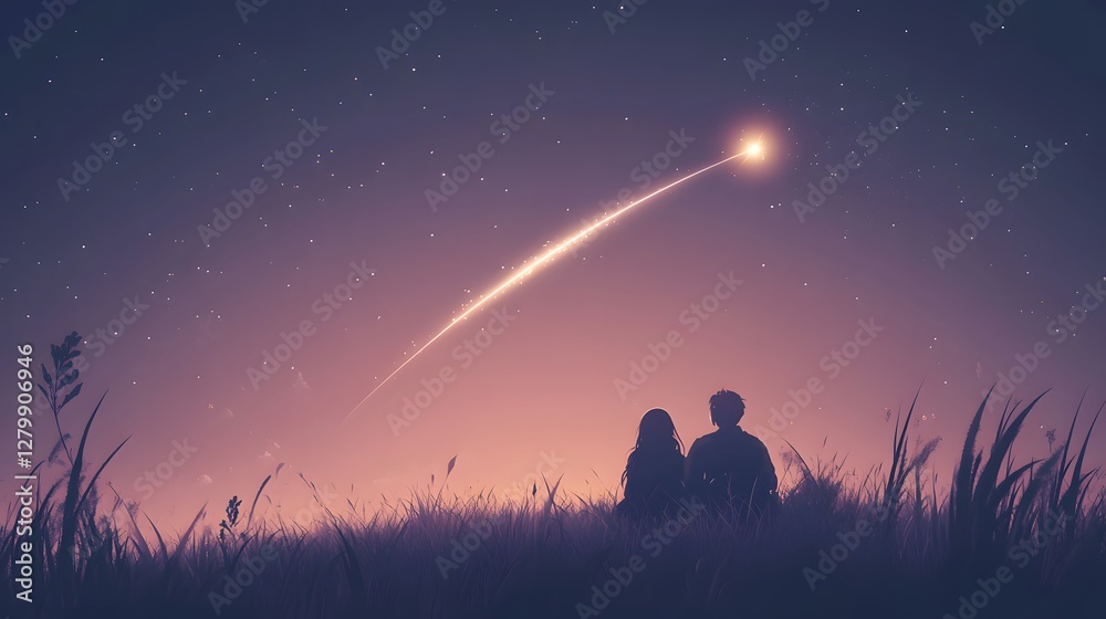Silhouette of a couple sitting in a field at twilight, watching a shooting star streak across a starry sky. Romantic and peaceful scene. Silhouette of a couple sitting in a field at twilight, watching a shooting star streak across a starry sky. Romantic and peaceful scene.
