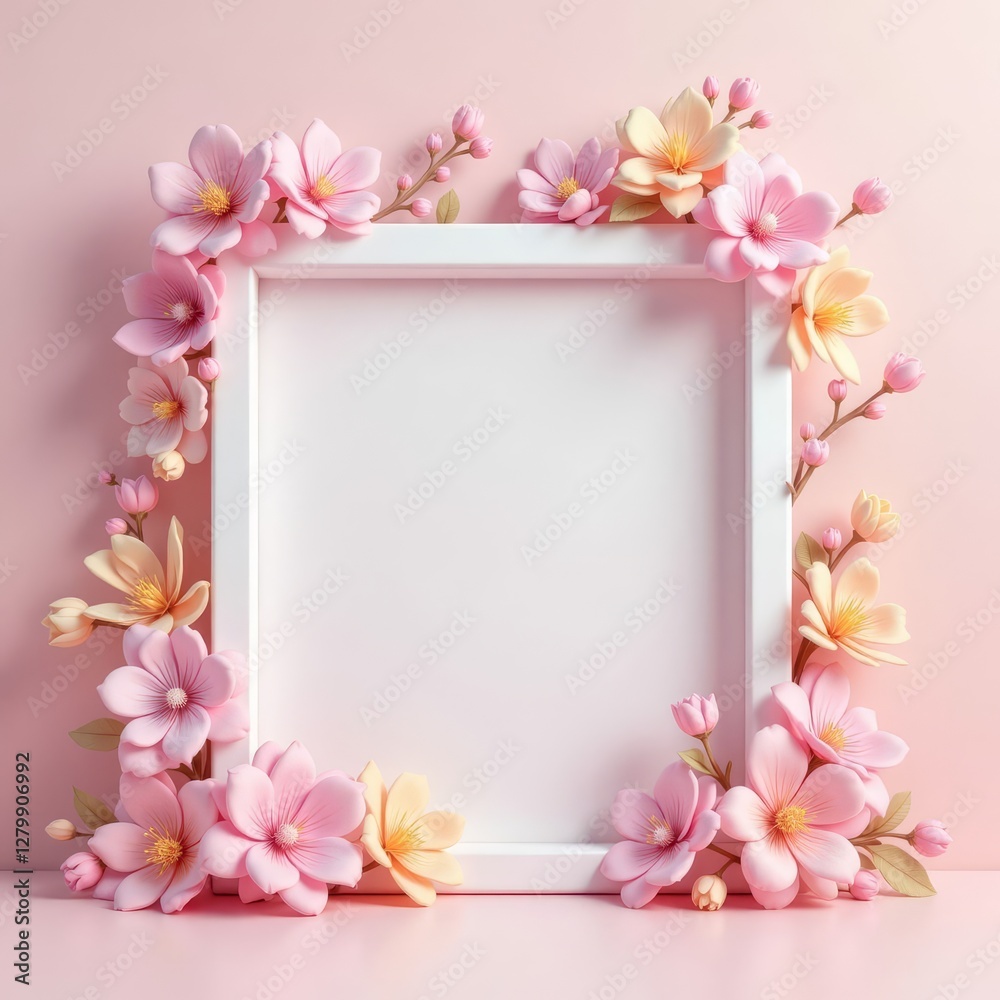 Pink floral frame with white border and pastel backdrop