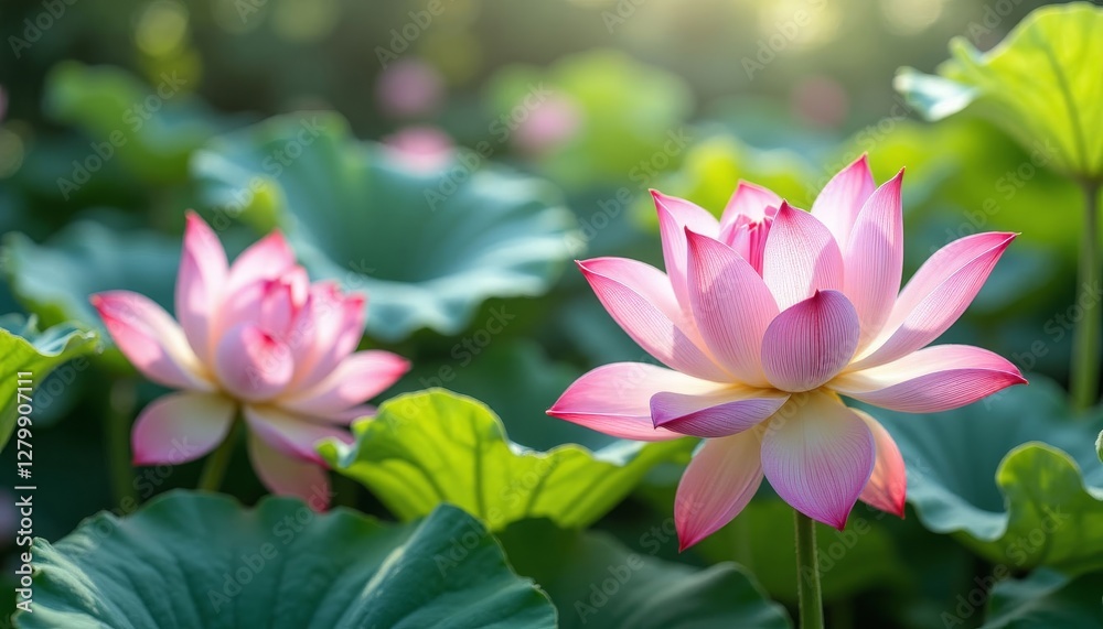 Pink Lotus Flowers Blooming in Lily Pond Setting