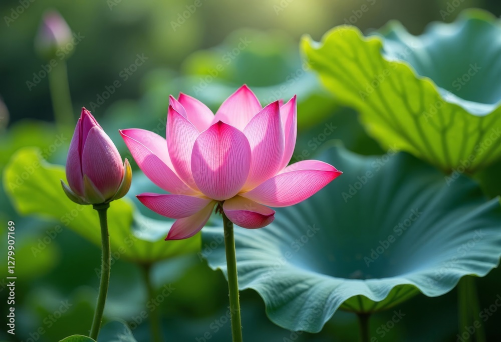 Pink Lotus flower with Bud, Vibrant Green Leaves