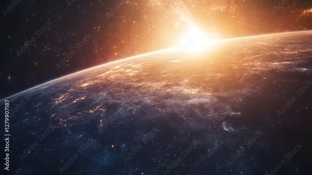 Obraz premium Stunning view of Earth from space, bathed in the warm glow of a rising sun. City lights twinkle below, contrasting with the dark expanse of space and distant stars.