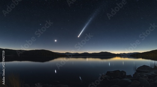 Night sky over lake with meteor. Peaceful scene. Ideal for nature photography or astronomy