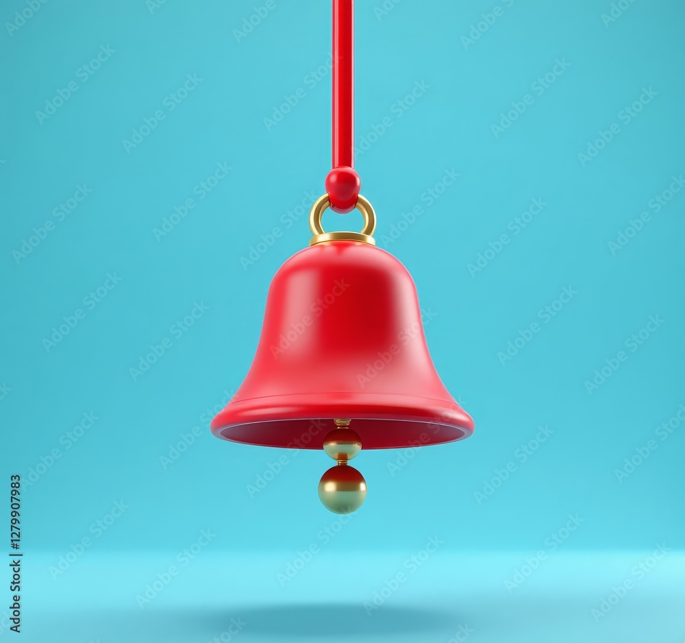 Red Christmas bell hanging on a ribbon, blue background