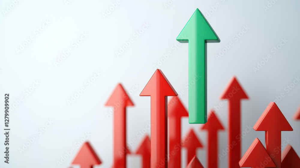 Green arrow pointing up among many red arrows, symbolizing growth and success. This conveys strong message of progress and achievement in competitive environment Green arrow pointing up among many red arrows, symbolizing growth and success. This conveys strong message of progress and achievement in competitive environment