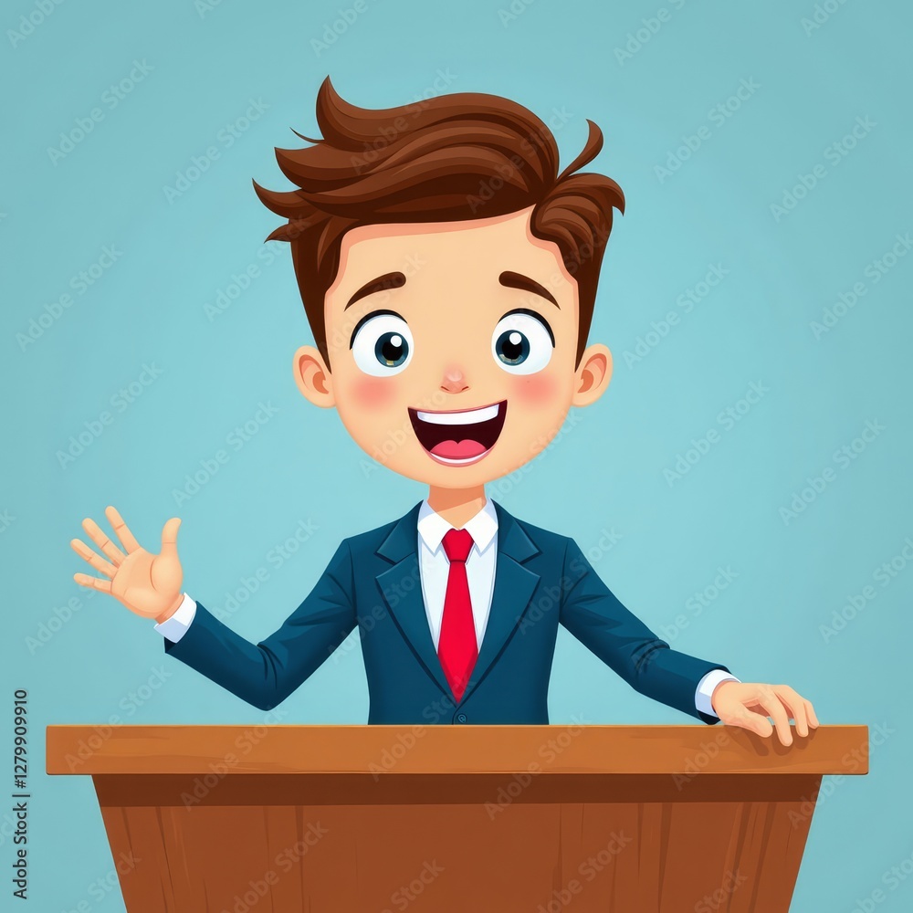 Smiling Cartoon Boy Giving Speech at Lectern Smiling Cartoon Boy Giving Speech at Lectern