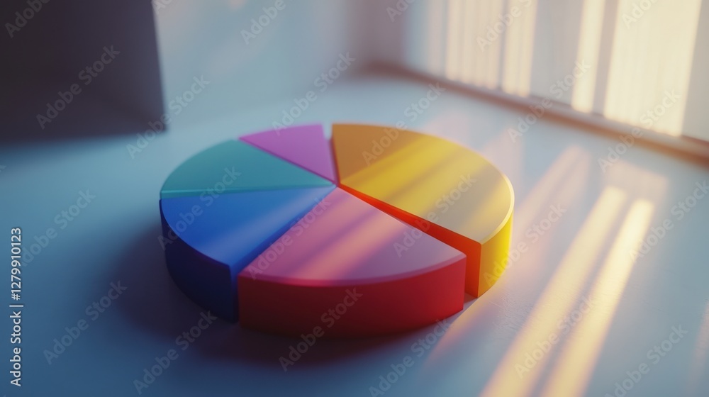 Fototapeta premium Colorful pie chart on a table with sunlight streaming through the window, creating shadows