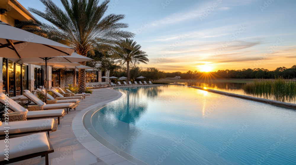 picturesque sunset at tropical resort with serene pool view picturesque sunset at tropical resort with serene pool view