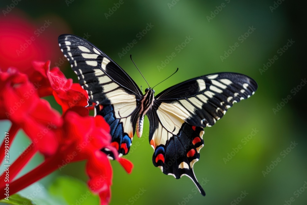 Naklejka premium A colorful butterfly perched on a red flower.