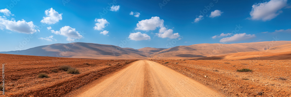 panoramic photograph of vast desert road surrounded by mountains and blue skies, showcasing beauty of nature and tranquility of landscape panoramic photograph of vast desert road surrounded by mountains and blue skies, showcasing beauty of nature and tranquility of landscape