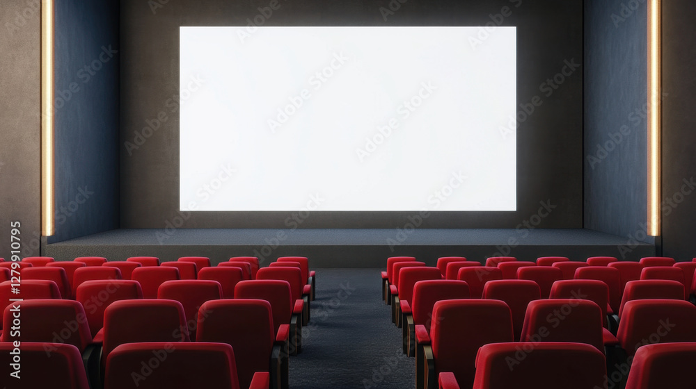 modern cinema interior featuring empty red seats and large blank screen, creating inviting atmosphere for moviegoers modern cinema interior featuring empty red seats and large blank screen, creating inviting atmosphere for moviegoers