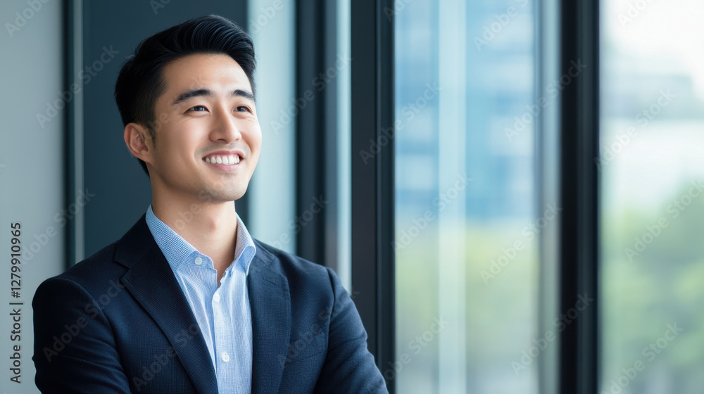 young masculine man in suit smiles confidently while looking out window, showcasing modern office environment. His expression reflects optimism and professionalism young masculine man in suit smiles confidently while looking out window, showcasing modern office environment. His expression reflects optimism and professionalism