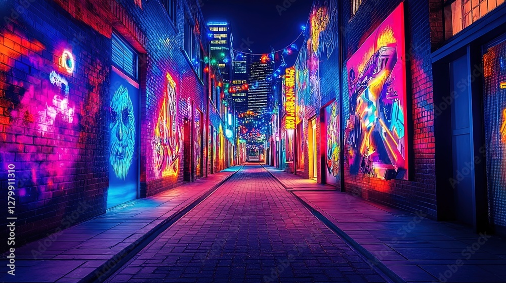 Fototapeta premium A vibrant neon-lit alley with futuristic street art