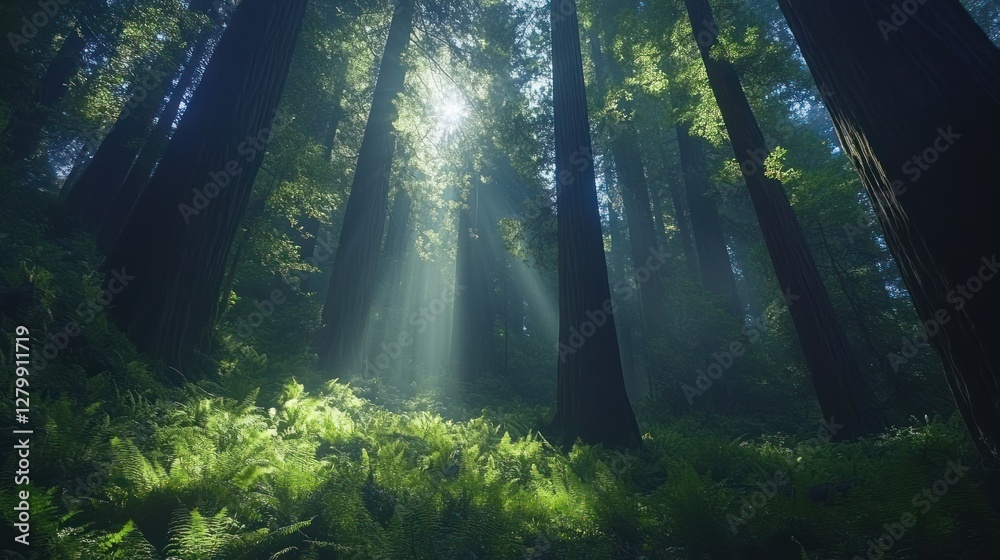 Obraz premium Sunbeams Filtering Through Redwood Forest