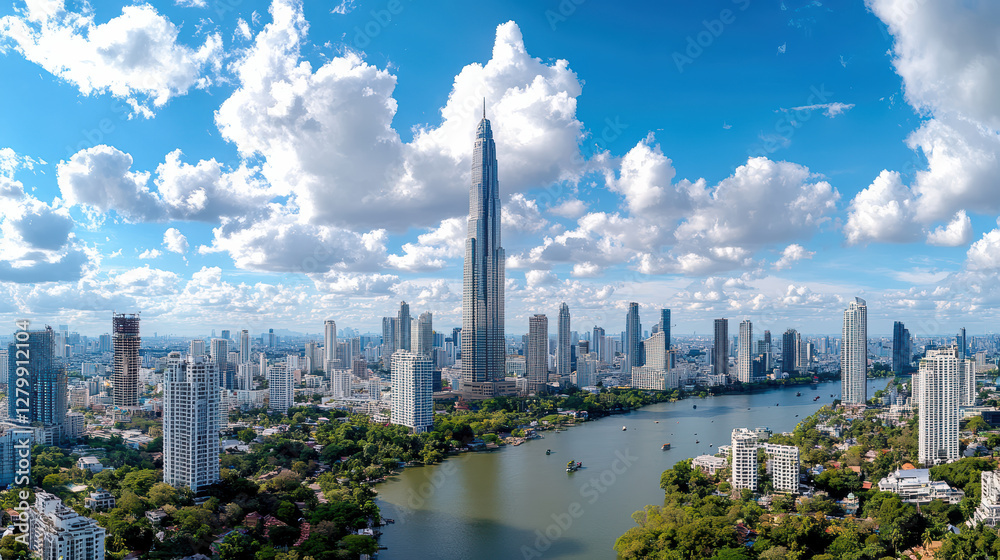 Fototapeta premium stunning aerial view of historic city with modern skyscrapers and river