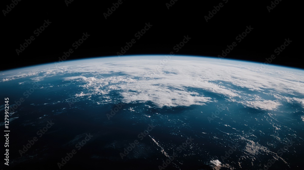 Fototapeta premium Curved horizon of planet Earth showing blue oceans and white clouds against the blackness of outer space.