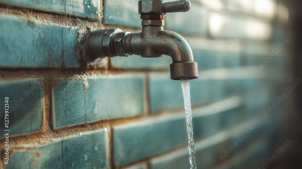 close up of metal faucet with water flowing from it against blue tiled wall, showcasing plumbing details and home maintenance close up of metal faucet with water flowing from it against blue tiled wall, showcasing plumbing details and home maintenance
