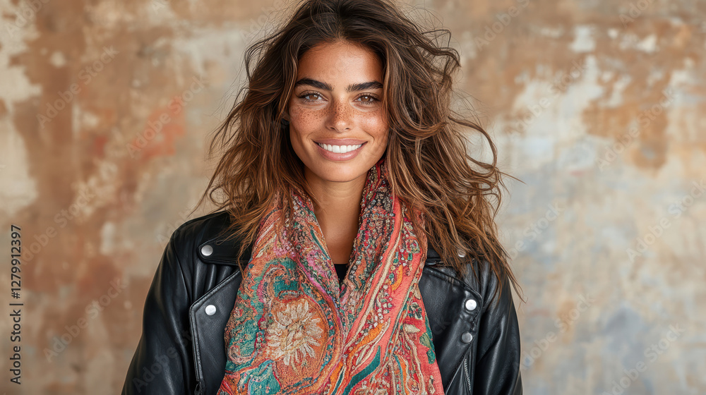Fototapeta premium stylish woman wearing colorful embroidered shawl and leather jacket