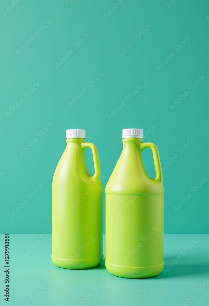 Two green plastic jugs with white caps on aqua background Two green plastic jugs with white caps on aqua background
