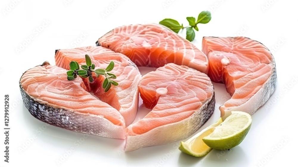 Fresh and appetizing raw salmon steaks presented isolated on a clean white background with full depth of field. The high - quality and visually appealing raw salmon pieces are perfect for food Fresh and appetizing raw salmon steaks presented isolated on a clean white background with full depth of field. The high - quality and visually appealing raw salmon pieces are perfect for food
