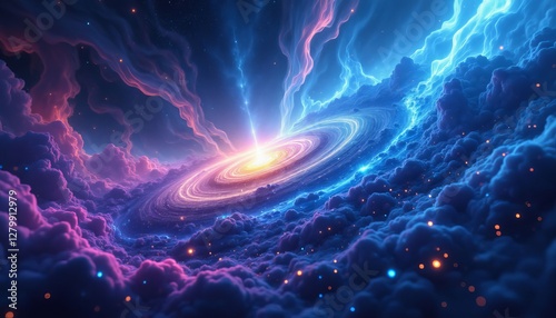 Vibrant celestial galaxy with cosmic clouds and a central light source