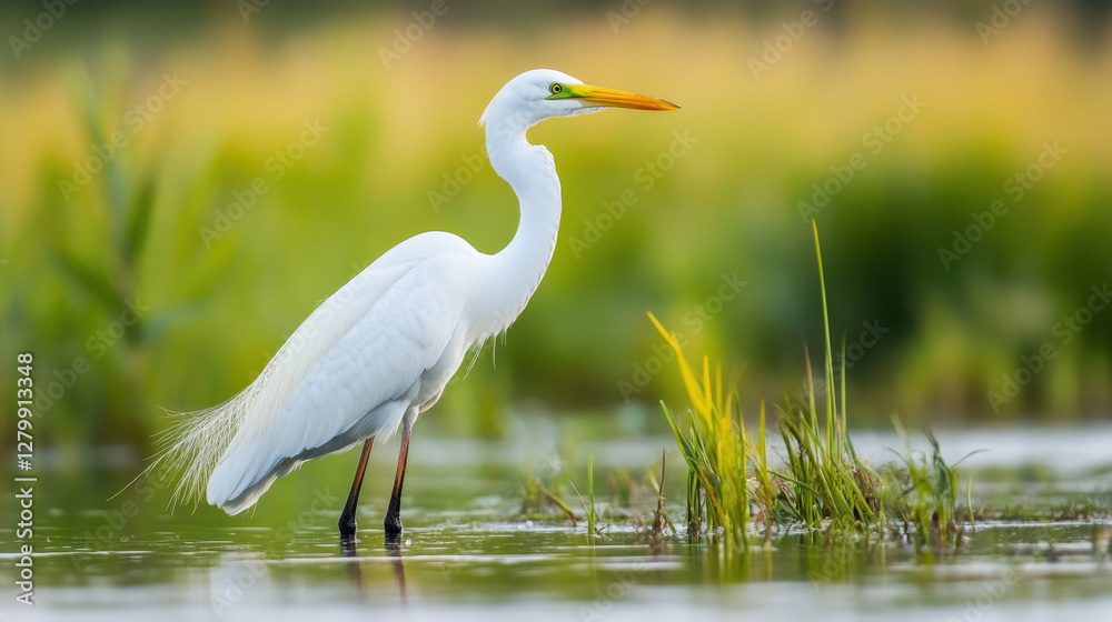 graceful white heron stands in shallow water, surrounded by lush green grass and reeds, showcasing its elegant posture and striking yellow beak graceful white heron stands in shallow water, surrounded by lush green grass and reeds, showcasing its elegant posture and striking yellow beak