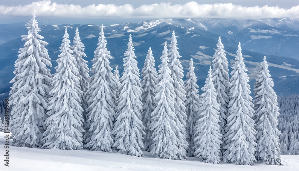 Fototapeta premium Snowy fir trees mountain backdrop
