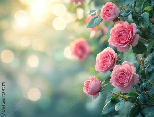 Delicate Pink Roses Surrounded by Lush Green Leaves Against a Soft Blurred Background with Gentle Sunlight in a Beautiful Floral Arrangement