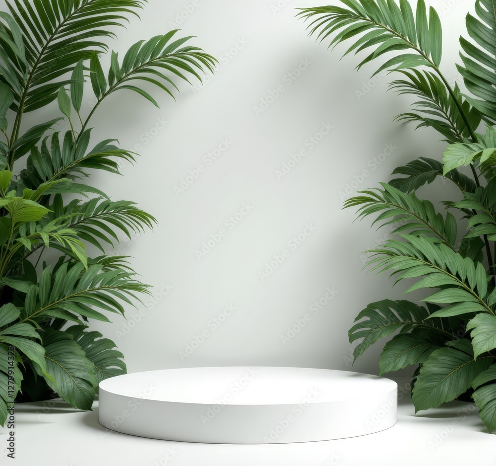 White Display Podium with Tropical Green Leaves