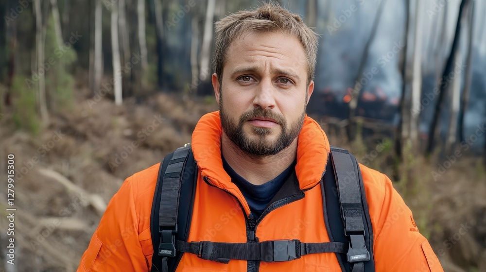 Firefighter in Orange Jacket Standing by Smoldering Forest Fire Firefighter in Orange Jacket Standing by Smoldering Forest Fire