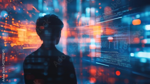 Wallpaper Mural Person contemplating digital data, vibrant city lights, futuristic background Torontodigital.ca