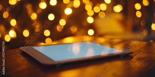 Smartphone on Table with Vibrant Bokeh Lights in Background photo