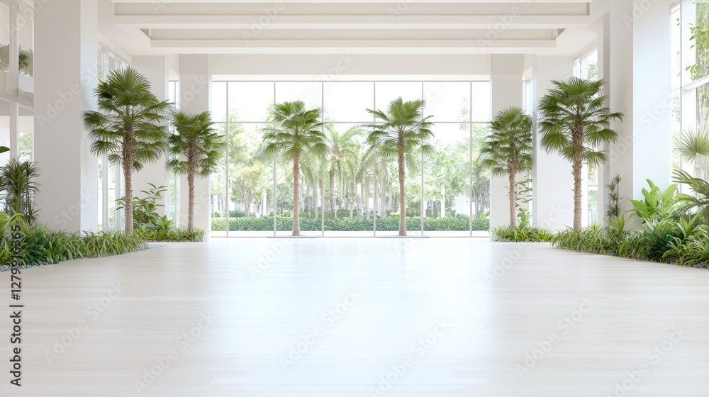 Fototapeta premium Luxurious lobby with palm trees, tropical view