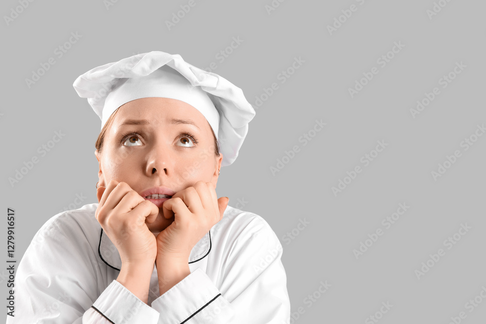 Female chef having panic attack on light background, closeup Female chef having panic attack on light background, closeup