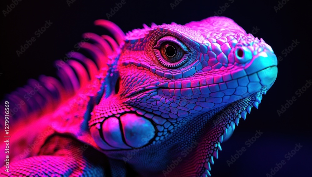 Fototapeta premium Neon Iguana: A vibrant portrait of a Green Iguana bathed in neon pink and blue light.