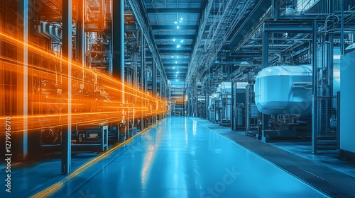 Futuristic Industrial Scene with Orange Light Beam
