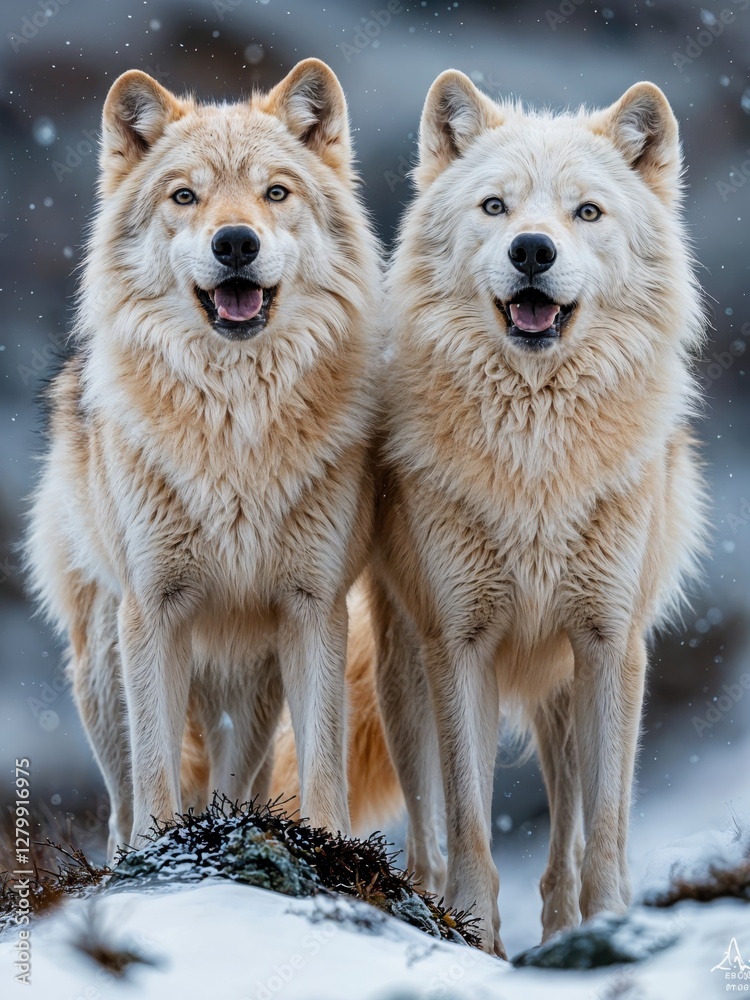 Obraz premium A pair of arctic wolves stands proudly on a rocky outcrop, their bright eyes reflecting joy. Surrounded by a serene snowy landscape, the winter atmosphere enhances their striking appearance.