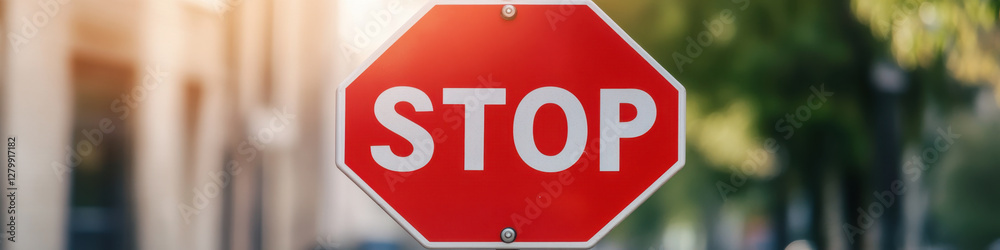 bright red stop sign with word STOP prominently displayed, surrounded by greenery and urban scenery, conveys sense of urgency and safety bright red stop sign with word STOP prominently displayed, surrounded by greenery and urban scenery, conveys sense of urgency and safety