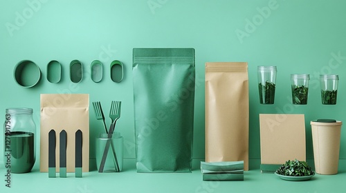 Wallpaper Mural Various green and beige packaging and containers arranged against a green background Torontodigital.ca