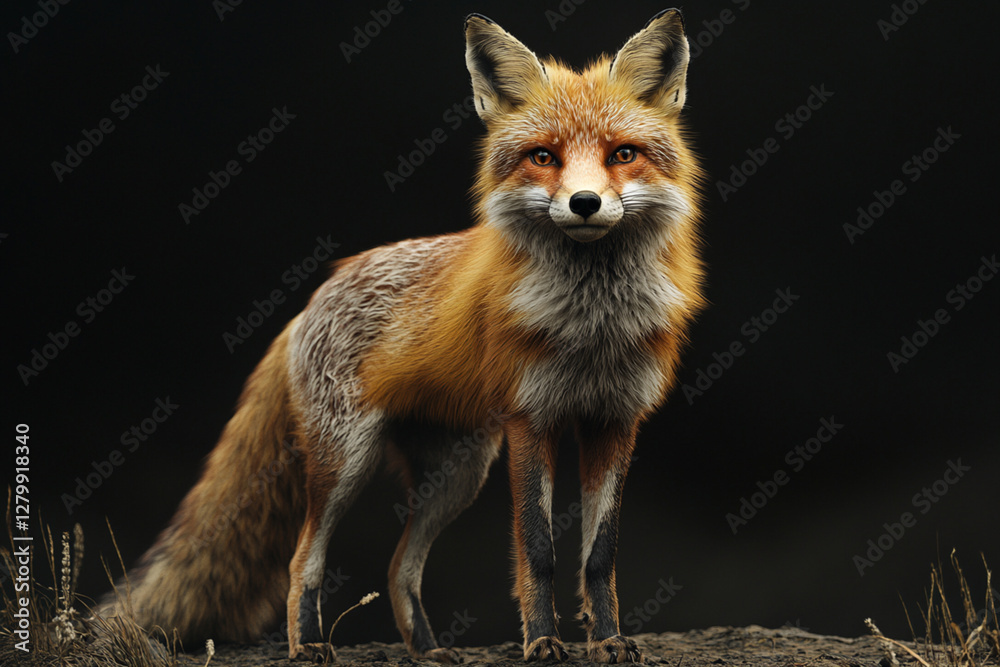 Fototapeta premium Fox standing on a black background. Animal front portrait.