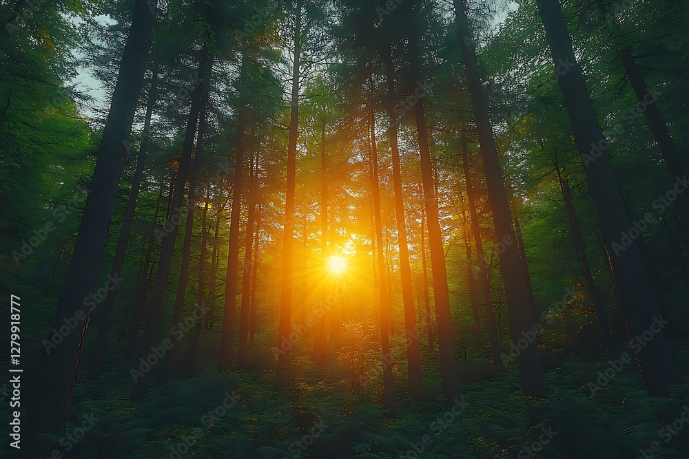 Obraz premium Forest in the morning in a fog in the sun, trees in a haze of light, glowing fog among the trees