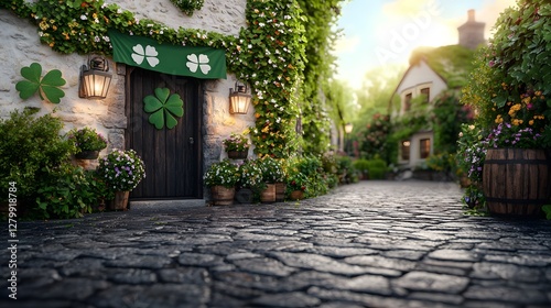 A photograph showcasing a charming Irish street adorned with vibrant green banners and shamrocks illuminated by vintage lanterns creating a festive and inviting atmosphere under the open sky
