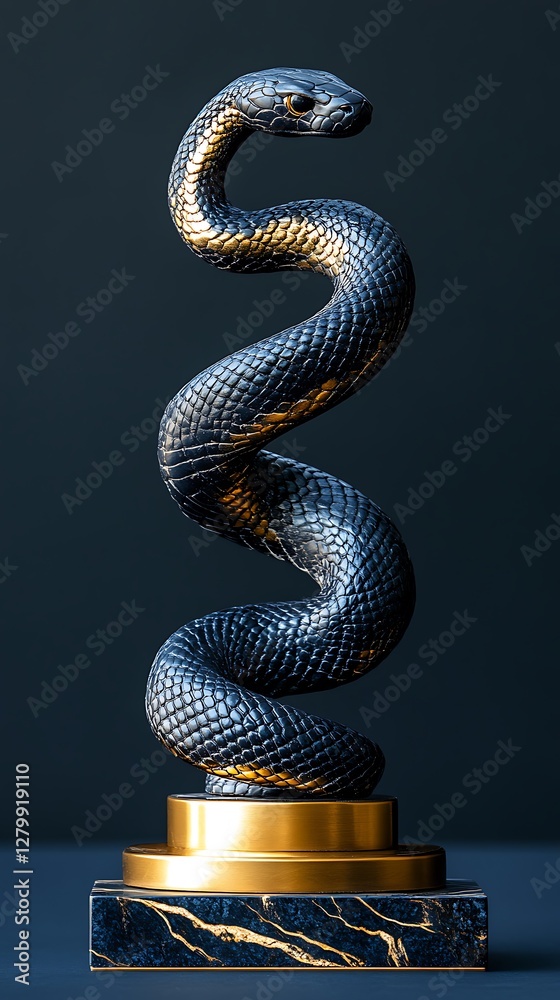 Fototapeta premium Black gold snake statue, dark background, decor