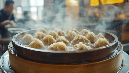 Steaming dumplings in a wooden bamboo steamer in a Chinese restaurant