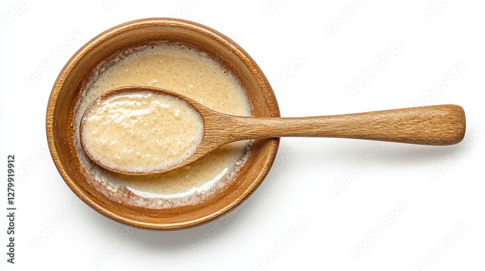 Light Beige Paste in Rustic Brown Bowl with Wooden Spoon Light Beige Paste in Rustic Brown Bowl with Wooden Spoon