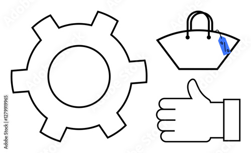 Gear icon, shopping bag with price tag, and thumbs-up hand sign. Ideal for online shopping, quality assurance, customer satisfaction, e-commerce, product design, retail marketing business