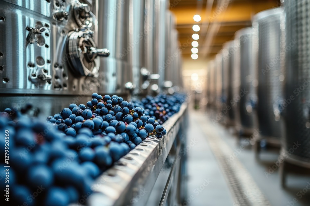 Obraz premium Freshly harvested grapes on a conveyor belt in a winery. Image depicts winemaking process, showcasing grapes ready for fermentation.