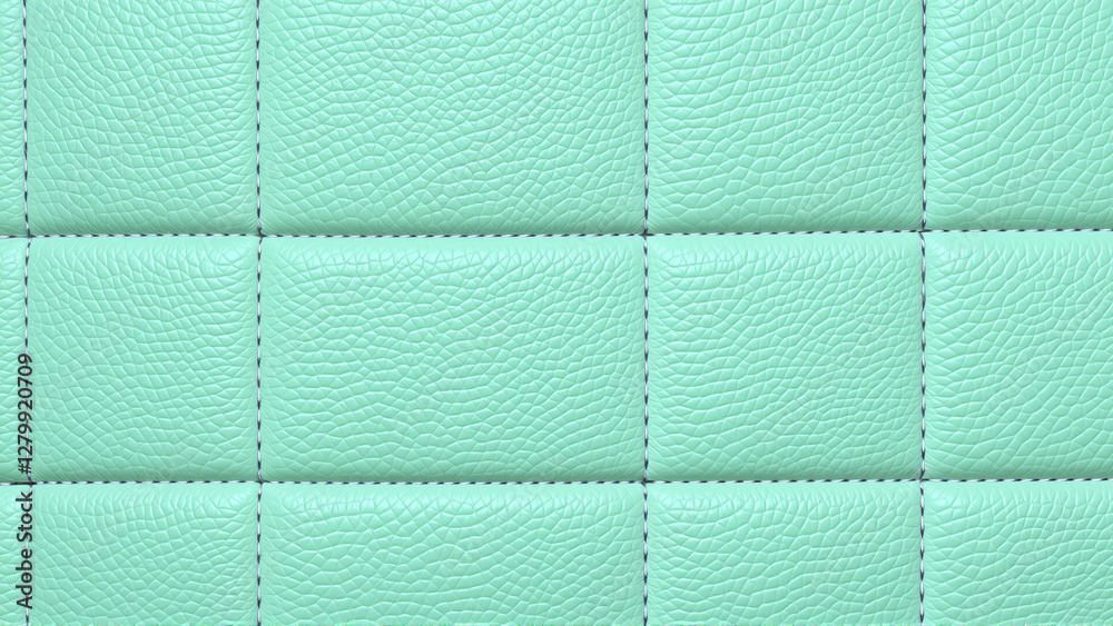 Fototapeta premium The surface texture of artificial leather in mint color, stitched in the form of rhombuses, squares, rectangles. Quilted eco-leather.