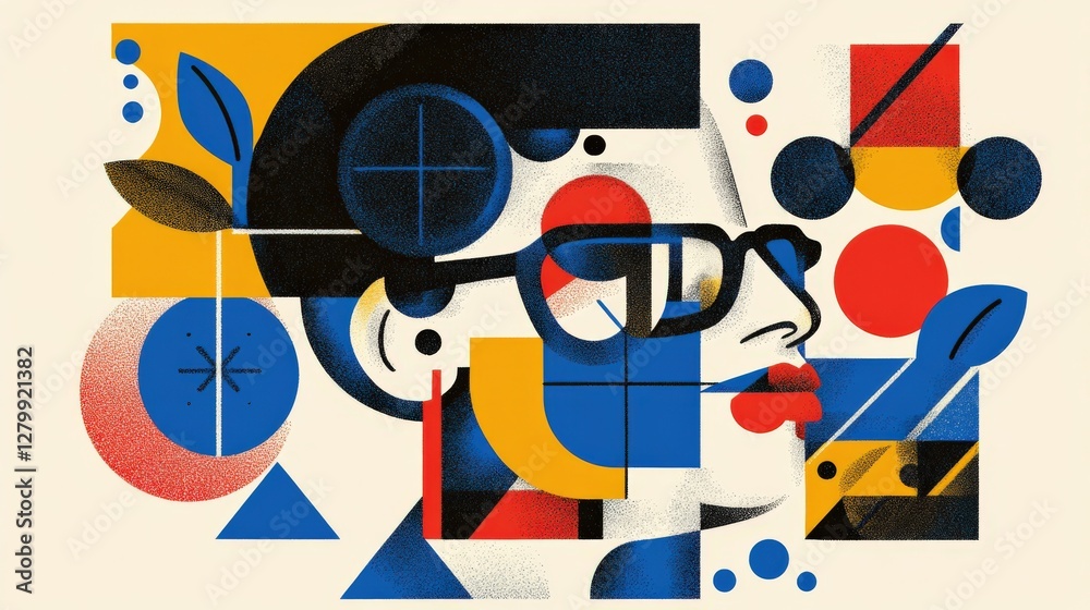 Obraz premium Abstract illustration of a woman with glasses, surrounded by geometric shapes and vibrant colors