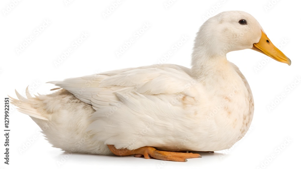 White Pekin Duck Sitting, Isolated on White Background White Pekin Duck Sitting, Isolated on White Background