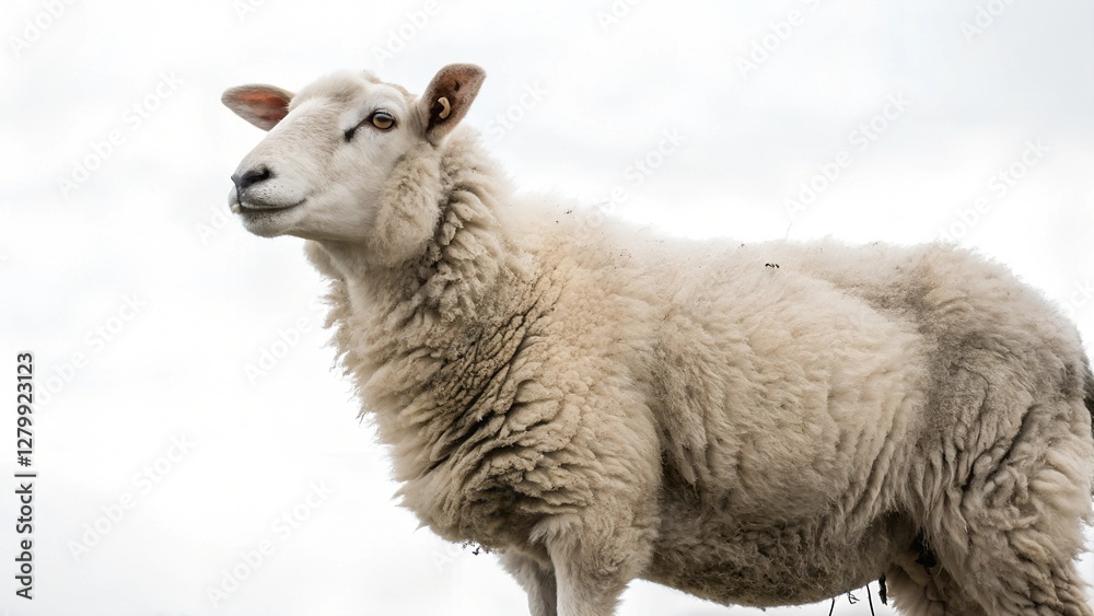Obraz premium Fluffy White Sheep Outdoors in Cloudy Sky: Farm Animal Portrait